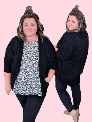 Felicia Draped 3/4 Sleeve Cardigan in Black