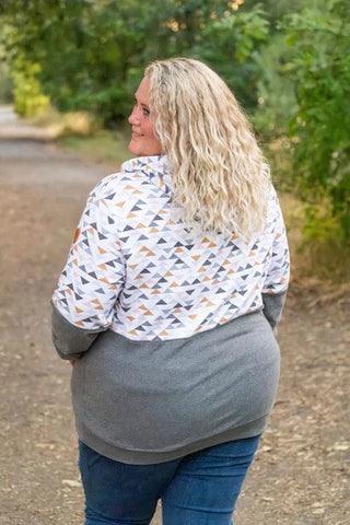 PHC Triple Stretch Pullover Hoodie in Charcoal w/Geometric Accent-3- Hooded Tops-MICHELLE MAE-Styled by Stacked - A Plus Size Women's Boutique in Lakeville, MN