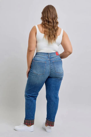 Judy Blue Plaid Cuff Boyfriend Jeans-9- Bottoms Denim-Judy Blue-Styled by Stacked - A Plus Size Women's Boutique in Lakeville, MN