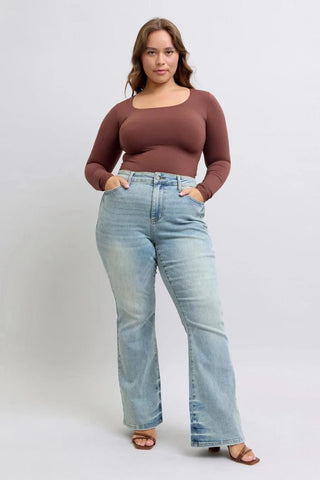 Judy Blue Vintage Wash Pin Tack Flares-9- Bottoms Denim-Judy Blue-Styled by Stacked - A Plus Size Women's Boutique in Lakeville, MN