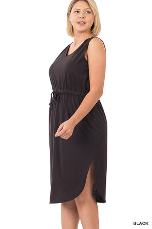 SALE- Drawstring Waist Curved Hem Midi Dress