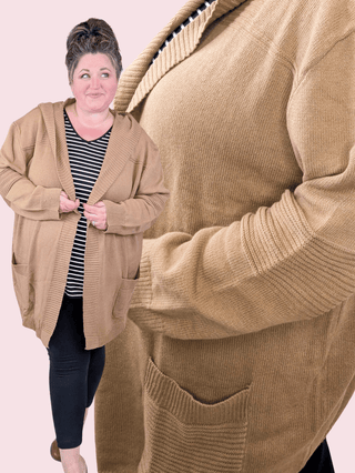 Tobi Sweater Cardigan w/Hood in Camel-4- Overlayer Tops-WHITE BIRCH-Styled by Stacked - A Plus Size Women's Boutique in Lakeville, MN
