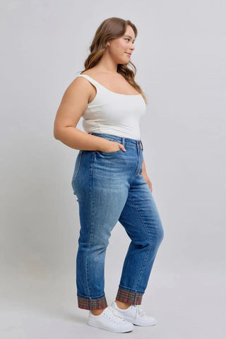 Judy Blue Plaid Cuff Boyfriend Jeans-9- Bottoms Denim-Judy Blue-Styled by Stacked - A Plus Size Women's Boutique in Lakeville, MN
