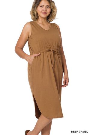 SALE- Drawstring Waist Curved Hem Midi Dress