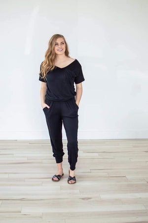SALE- Valerie Vneck Short Sleeve Black Jogger Jumpsuit