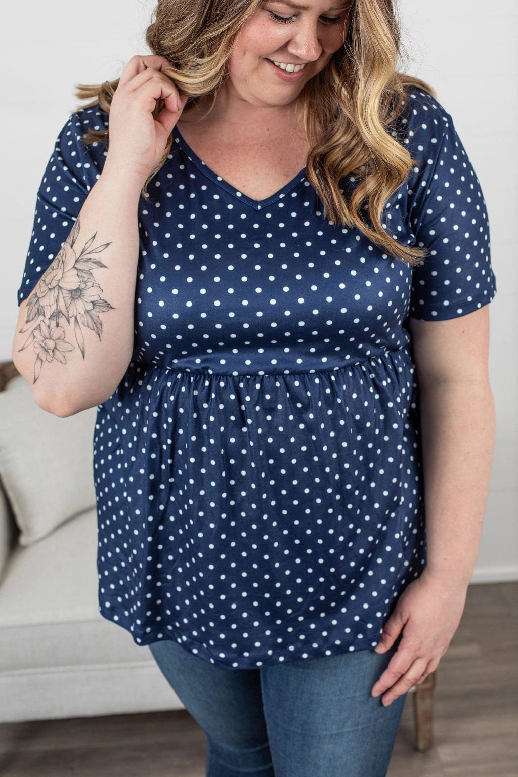 SALE- Flatter + Stretch Mini-Ruffle Tees  NAVY POLKA DOT