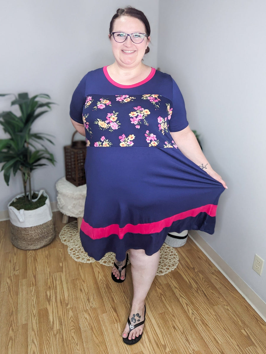 Preppy Pink and Navy Floral Midi Dress