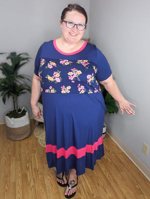 Preppy Pink and Navy Floral Midi Dress