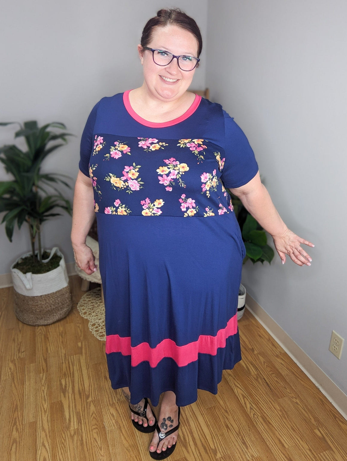 Preppy Pink and Navy Floral Midi Dress