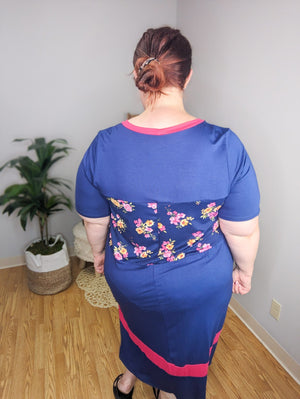Preppy Pink and Navy Floral Midi Dress