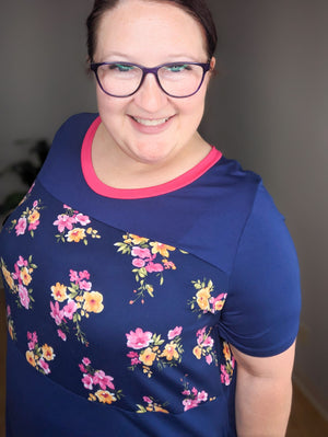 Preppy Pink and Navy Floral Midi Dress