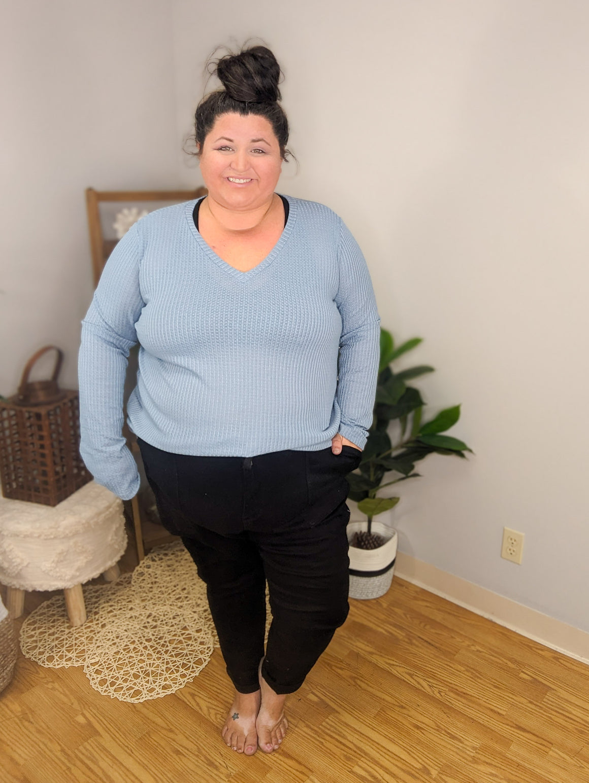 Jade Powder Blue Waffle Knit Pullover