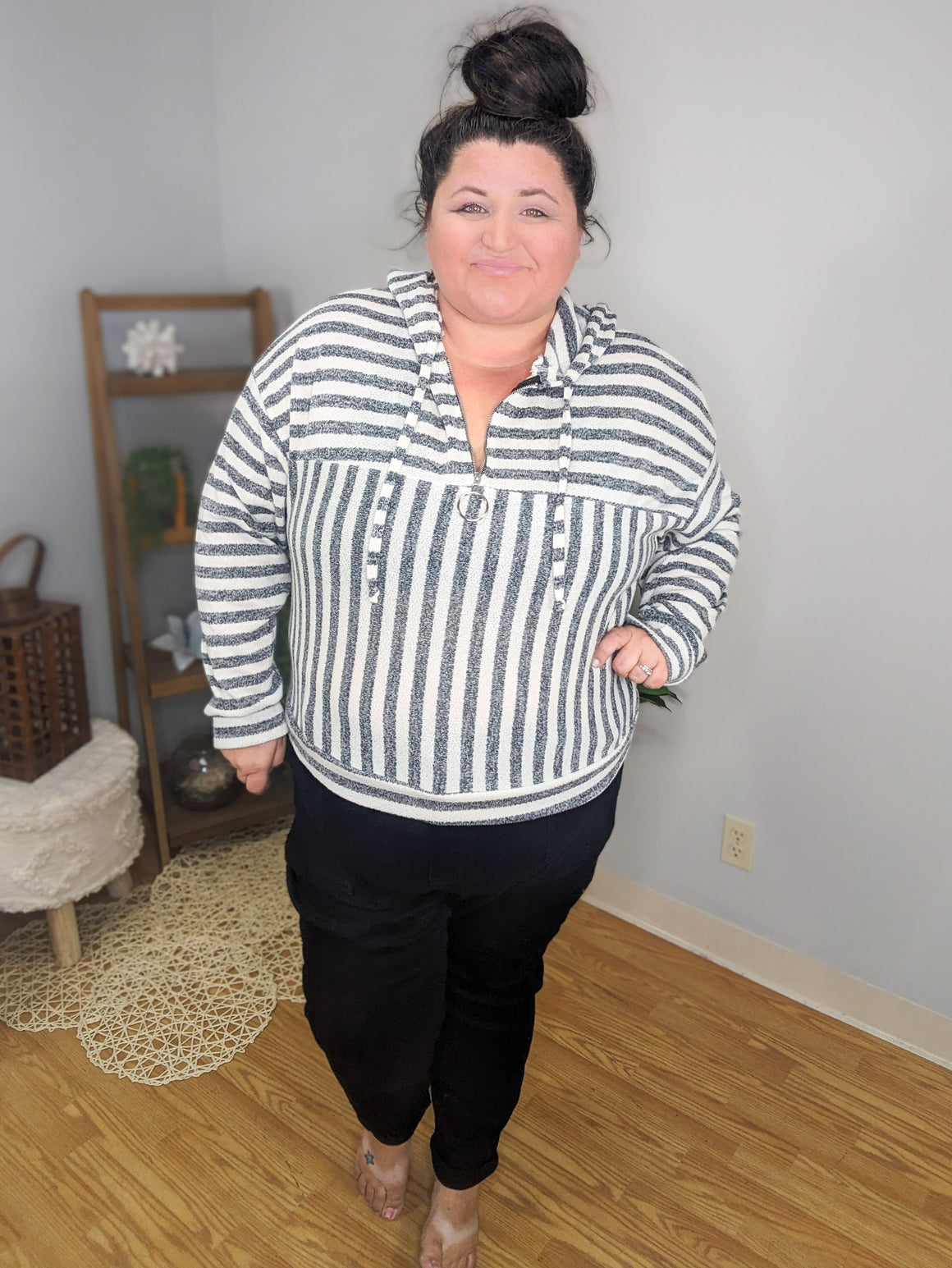 Audra Charcoal & Ivory Hooded Pullover