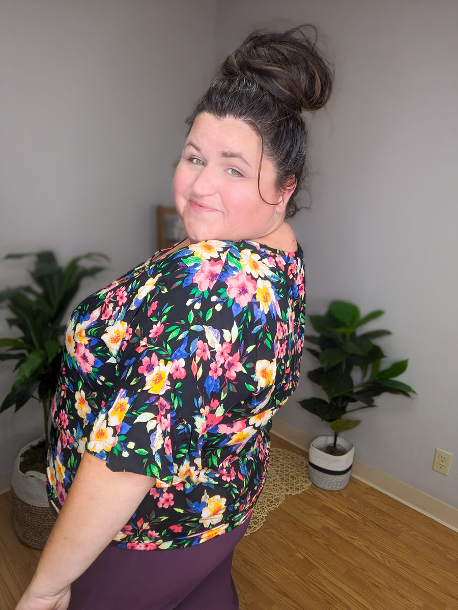 Brianna Black Blooms Dolman Short Sleeve Top