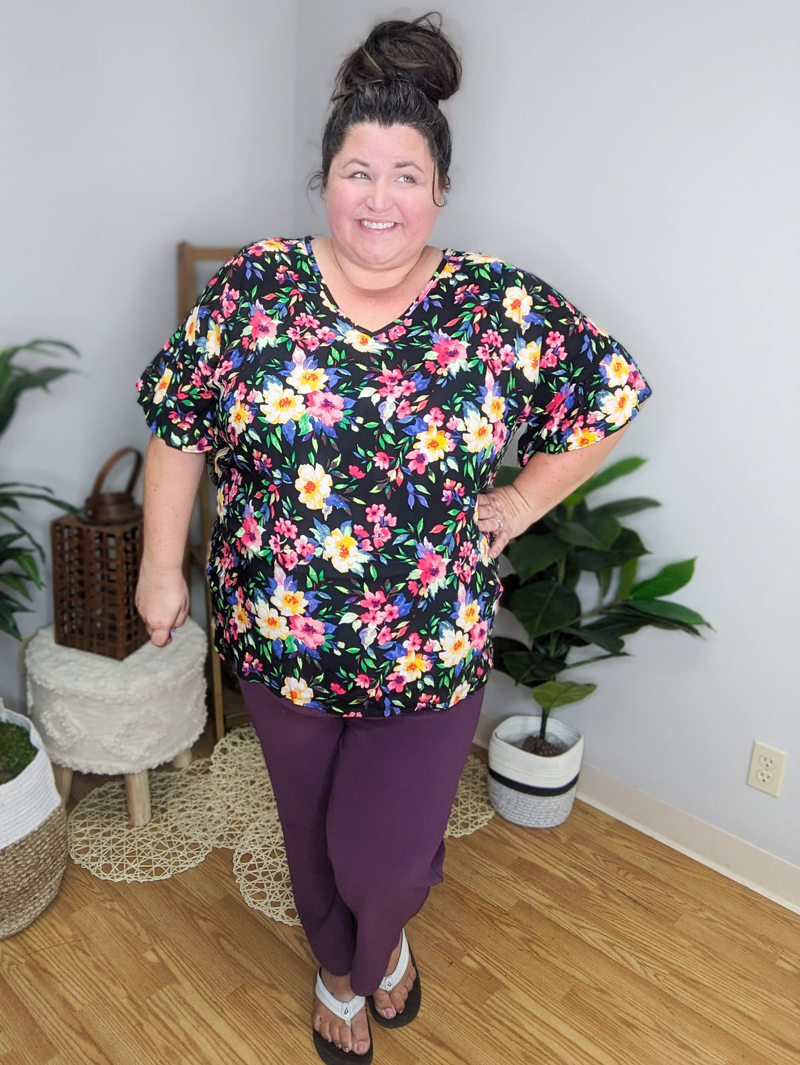 Brianna Black Blooms Dolman Short Sleeve Top