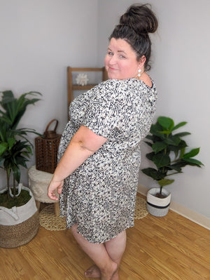 Anya Abstract Print Black, Taupe + White Dress