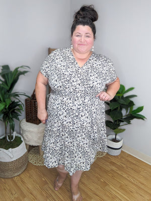 Anya Abstract Print Black, Taupe + White Dress