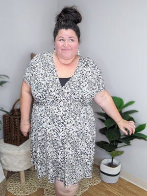 Anya Abstract Print Black, Taupe + White Dress