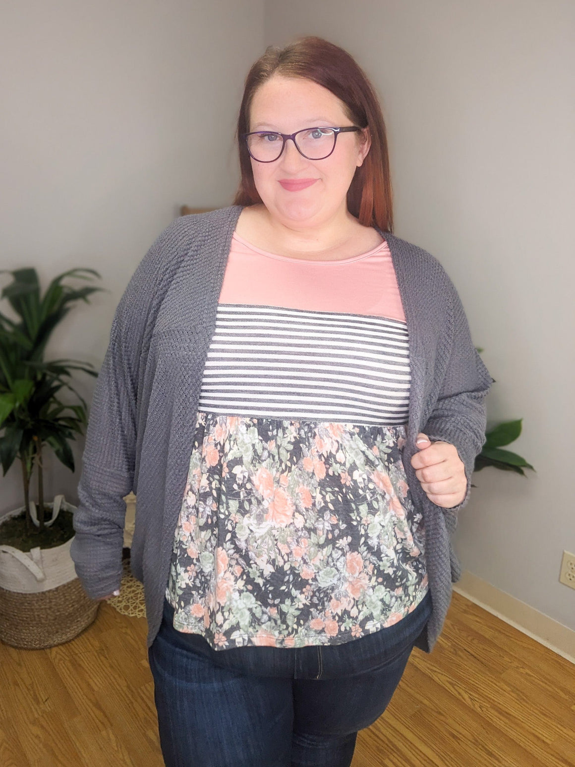 Mixed Striped And Floral Babydoll Top