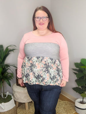 Mixed Striped And Floral Babydoll Top