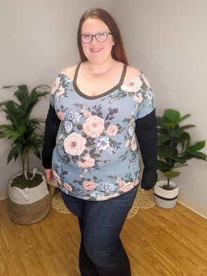Just a Peek Floral Layered Look Top w/ Cutouts