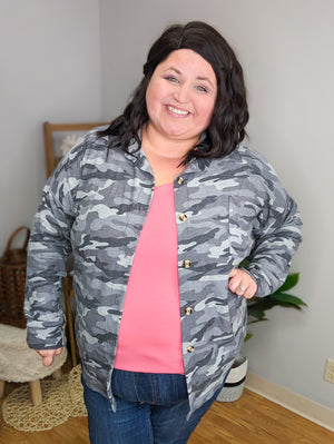 Charlie Camo Button-down Shacket Top