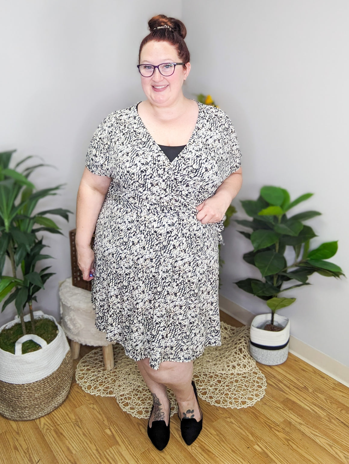 Anya Abstract Print Black, Taupe + White Dress