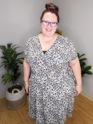Anya Abstract Print Black, Taupe + White Dress