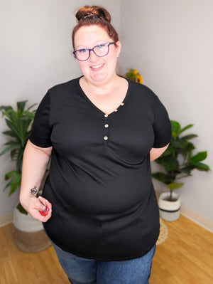 Winnie Waffle Button Front Top in Black