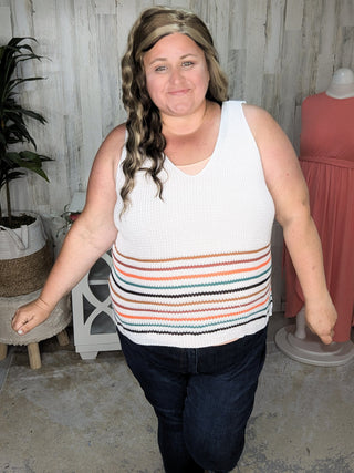 Victoria Sweater Knit Tank in Ivory Stripes-1- ShortSlv/Slvless Tops-WHITE BIRCH-Styled by Stacked - A Plus Size Women's Boutique in Lakeville, MN