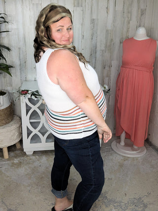 Victoria Sweater Knit Tank in Ivory Stripes-1- ShortSlv/Slvless Tops-WHITE BIRCH-Styled by Stacked - A Plus Size Women's Boutique in Lakeville, MN