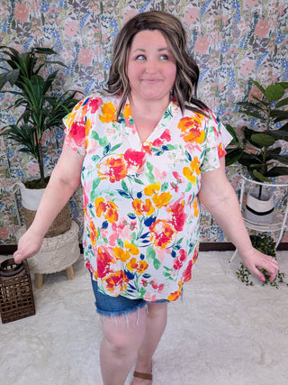 SALE- Marley Slit Neck Short Sleeve in Bold Floral on Ivory-1- ShortSlv/Slvless Tops-WHITE BIRCH-Styled by Stacked - A Plus Size Women's Boutique in Lakeville, MN