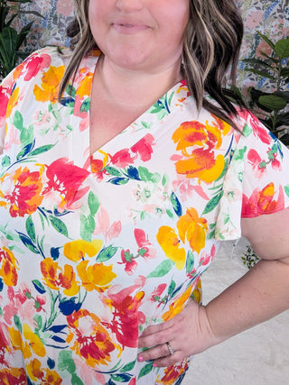 SALE- Marley Slit Neck Short Sleeve in Bold Floral on Ivory-1- ShortSlv/Slvless Tops-WHITE BIRCH-Styled by Stacked - A Plus Size Women's Boutique in Lakeville, MN