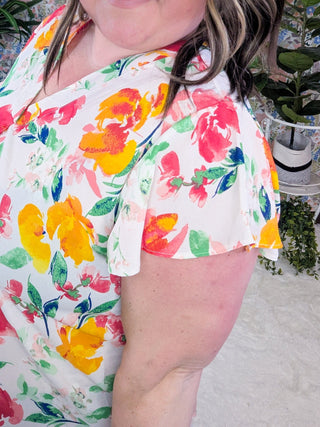 SALE- Marley Slit Neck Short Sleeve in Bold Floral on Ivory-1- ShortSlv/Slvless Tops-WHITE BIRCH-Styled by Stacked - A Plus Size Women's Boutique in Lakeville, MN
