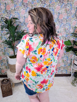 SALE- Marley Slit Neck Short Sleeve in Bold Floral on Ivory-1- ShortSlv/Slvless Tops-WHITE BIRCH-Styled by Stacked - A Plus Size Women's Boutique in Lakeville, MN