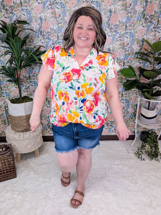 SALE- Marley Slit Neck Short Sleeve in Bold Floral on Ivory-1- ShortSlv/Slvless Tops-WHITE BIRCH-Styled by Stacked - A Plus Size Women's Boutique in Lakeville, MN