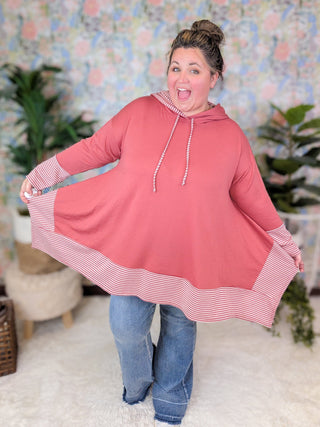 Brett Stripe Accent Flowy Hooded Top (2 Colors)-3- Hooded Tops-EMERALD-Styled by Stacked - A Plus Size Women's Boutique in Lakeville, MN