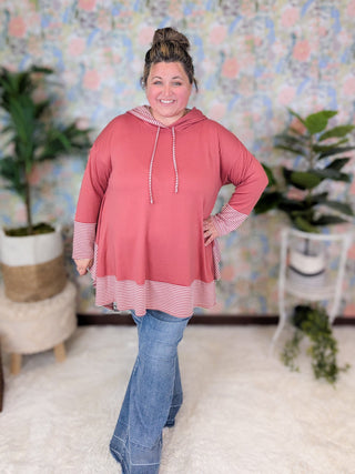Brett Stripe Accent Flowy Hooded Top (2 Colors)-3- Hooded Tops-EMERALD-Styled by Stacked - A Plus Size Women's Boutique in Lakeville, MN