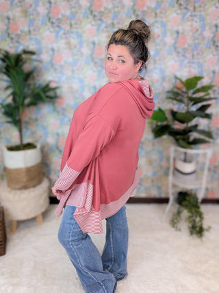 Brett Stripe Accent Flowy Hooded Top (2 Colors)-3- Hooded Tops-EMERALD-Styled by Stacked - A Plus Size Women's Boutique in Lakeville, MN