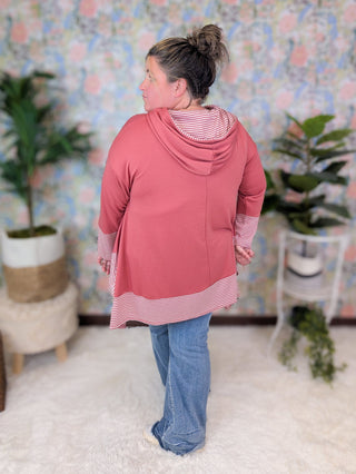 Brett Stripe Accent Flowy Hooded Top (2 Colors)-3- Hooded Tops-EMERALD-Styled by Stacked - A Plus Size Women's Boutique in Lakeville, MN