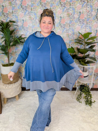Brett Stripe Accent Flowy Hooded Top (2 Colors)-3- Hooded Tops-EMERALD-Styled by Stacked - A Plus Size Women's Boutique in Lakeville, MN