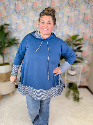 Brett Stripe Accent Flowy Hooded Top (2 Colors)-3- Hooded Tops-EMERALD-Styled by Stacked - A Plus Size Women's Boutique in Lakeville, MN
