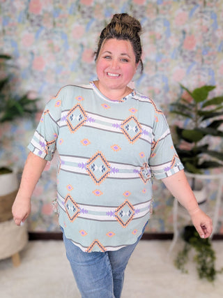 Susie Seafoam Aztec Print Short Sleeve w/Purple + Orange Accents-1- ShortSlv/Slvless Tops-LOVELY MELODY-Styled by Stacked - A Plus Size Women's Boutique in Lakeville, MN