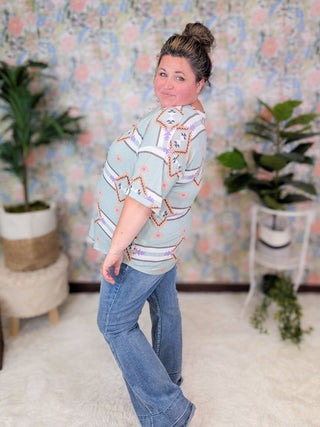 Susie Seafoam Aztec Print Short Sleeve w/Purple + Orange Accents-1- ShortSlv/Slvless Tops-LOVELY MELODY-Styled by Stacked - A Plus Size Women's Boutique in Lakeville, MN