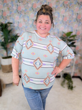 Susie Seafoam Aztec Print Short Sleeve w/Purple + Orange Accents-1- ShortSlv/Slvless Tops-LOVELY MELODY-Styled by Stacked - A Plus Size Women's Boutique in Lakeville, MN