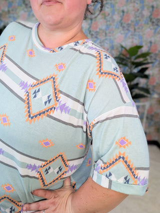 Susie Seafoam Aztec Print Short Sleeve w/Purple + Orange Accents-1- ShortSlv/Slvless Tops-LOVELY MELODY-Styled by Stacked - A Plus Size Women's Boutique in Lakeville, MN