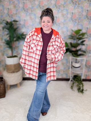 Alena Plaid Hooded Shacket in Orange and Burgundy-4- Overlayer Tops-WHITE BIRCH-Styled by Stacked - A Plus Size Women's Boutique in Lakeville, MN