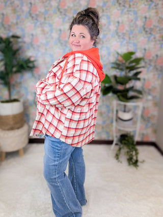 Alena Plaid Hooded Shacket in Orange and Burgundy-4- Overlayer Tops-WHITE BIRCH-Styled by Stacked - A Plus Size Women's Boutique in Lakeville, MN