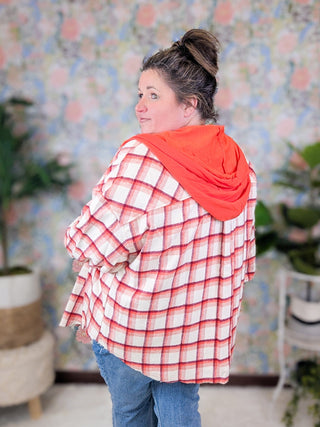 Alena Plaid Hooded Shacket in Orange and Burgundy-4- Overlayer Tops-WHITE BIRCH-Styled by Stacked - A Plus Size Women's Boutique in Lakeville, MN