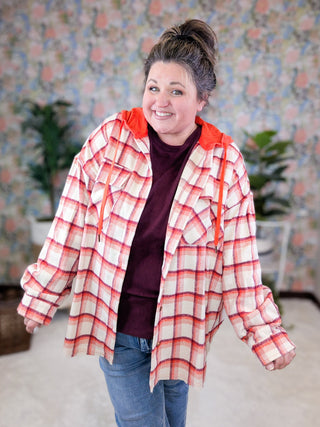 Alena Plaid Hooded Shacket in Orange and Burgundy-4- Overlayer Tops-WHITE BIRCH-Styled by Stacked - A Plus Size Women's Boutique in Lakeville, MN
